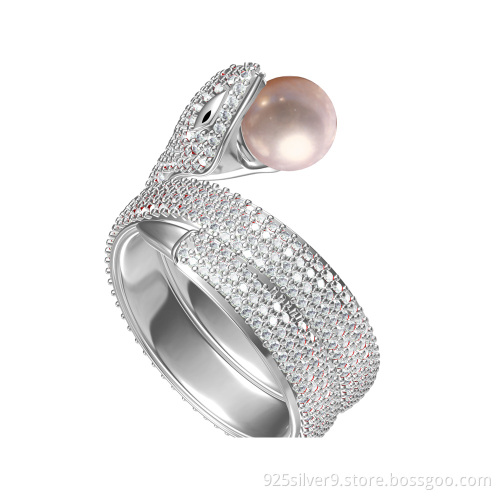Snake design Customized colour 925 sterling silver ring with CZ&fresh water pearl